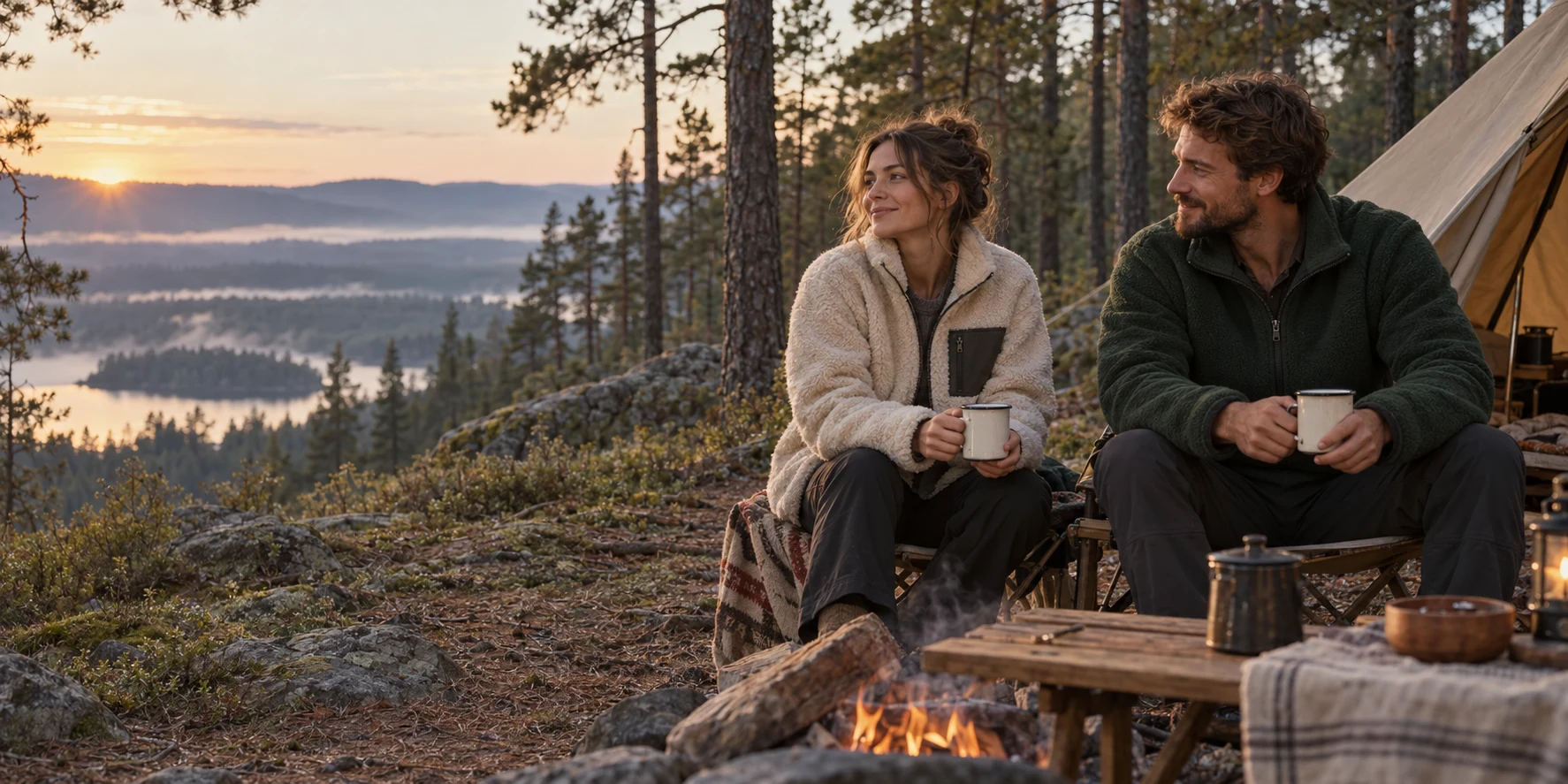 Quiet woodland camp with two people wearing green and oat fleece